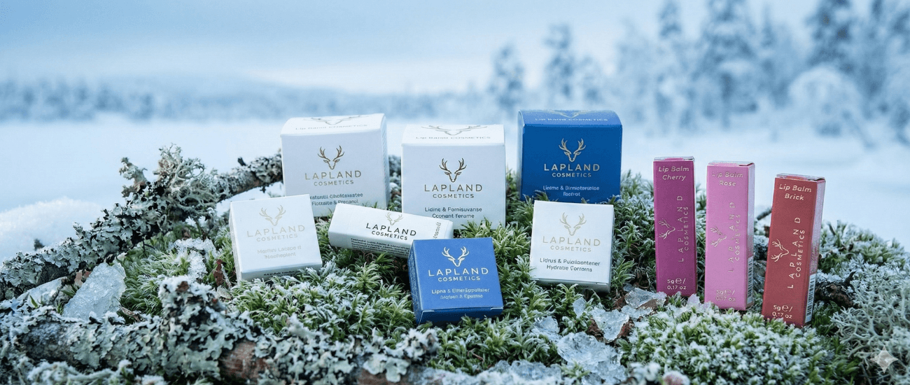 Produktová rodina Lapland Cosmetics – skleničky balzámů (Arctic Berries, Juniper, Birch) a balzámů na rty, naaranžované na ledově modrém pozadí se sněhovými vločkami; vpředu několik krémově bílých balzámů znázorňujících čistotu a bohatství textury.